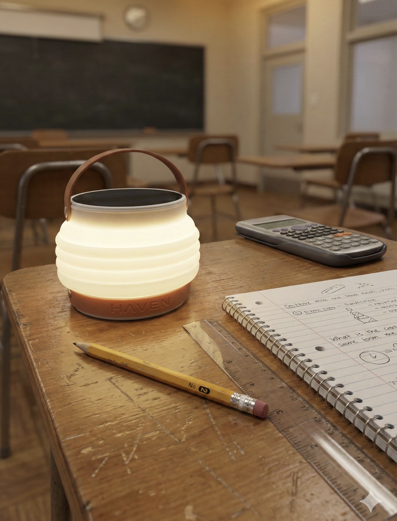Haven Lantern on a school desk (product rendering)
