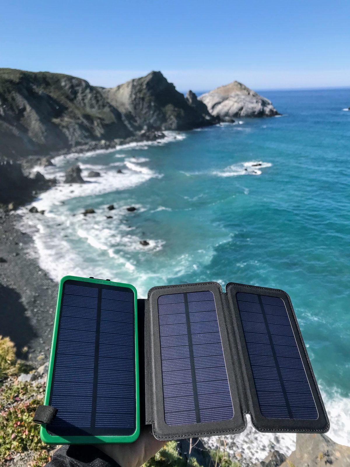 Chandler Charger solar panels unfolded above the Big Sur coast