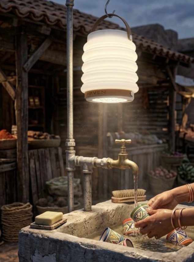 Haven Lantern hanging above an outdoor tap, lighting dishes being washed after dark
