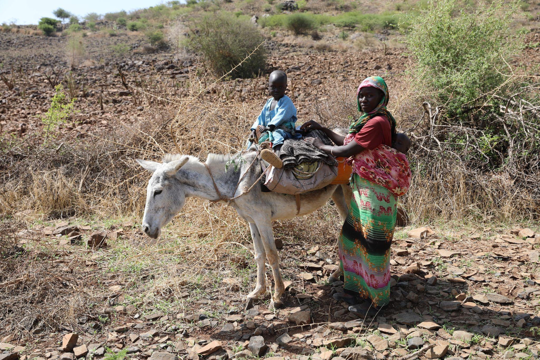 A mother with a baby on her back loads a donkey while a young child sits on top, in rural Sudan