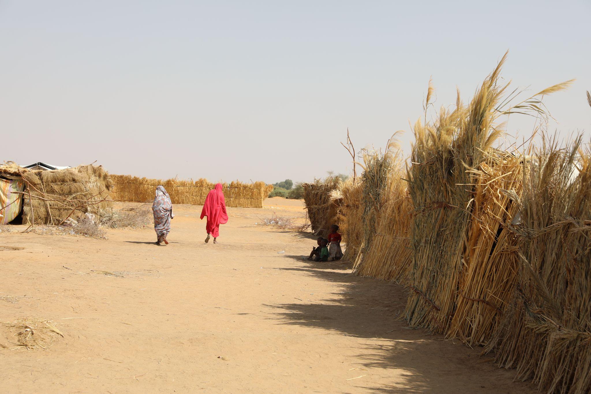 Two women walk between straw shelters in Sudan while small children sit in the shade